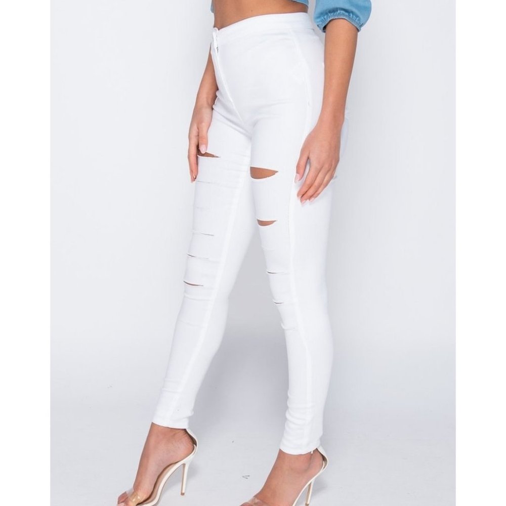 White High Waist Ripped Distressed Skinny Denim Jeggings Pants - Picture 2 of 10